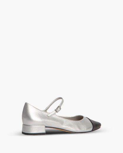 Silver Patent Leather Mary Jane Flats with Black Cap-Toe