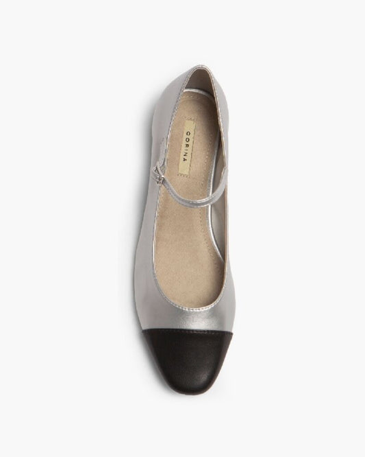 Silver Patent Leather Mary Jane Flats with Black Cap-Toe