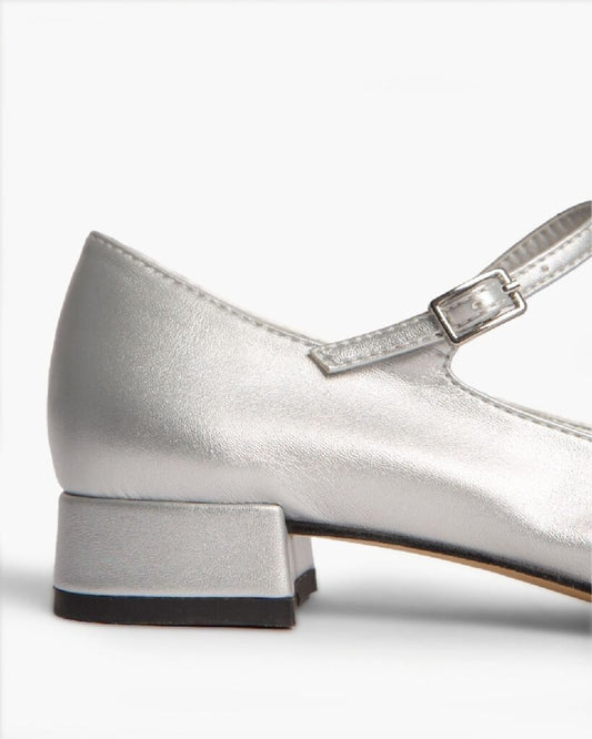 Silver Patent Leather Mary Jane Flats with Black Cap-Toe