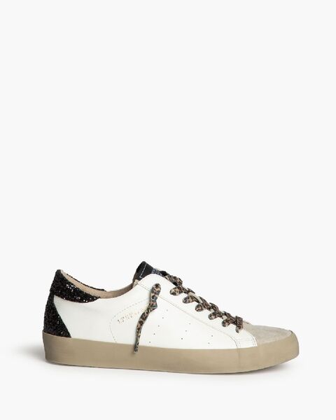 White Leather Low-Top Sneakers with Glitter Heel