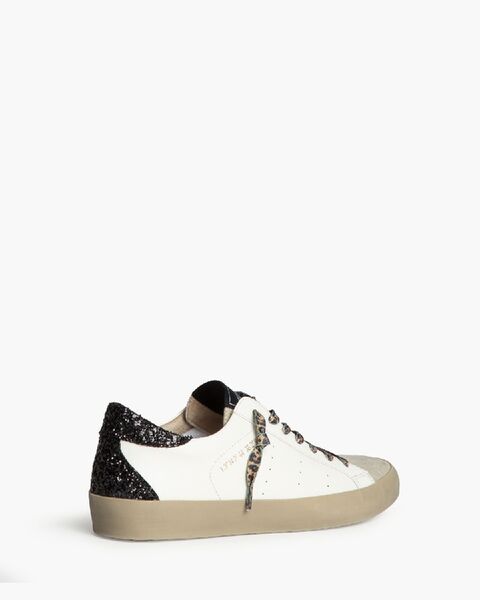 White Leather Low-Top Sneakers with Glitter Heel