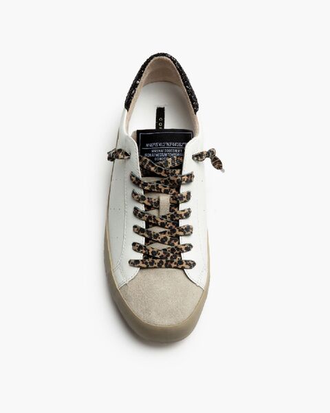 White Leather Low-Top Sneakers with Glitter Heel