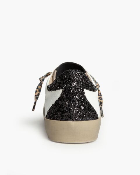 White Leather Low-Top Sneakers with Glitter Heel