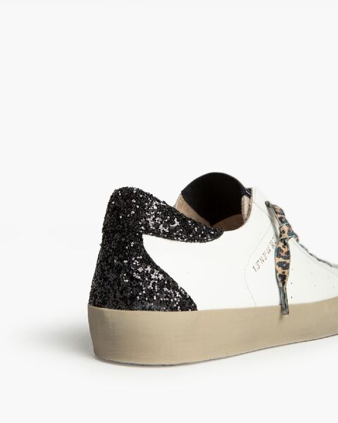White Leather Low-Top Sneakers with Glitter Heel
