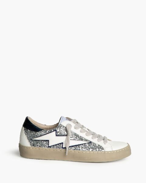 Silver Glitter Low-Top Sneakers with Lightning Bolt