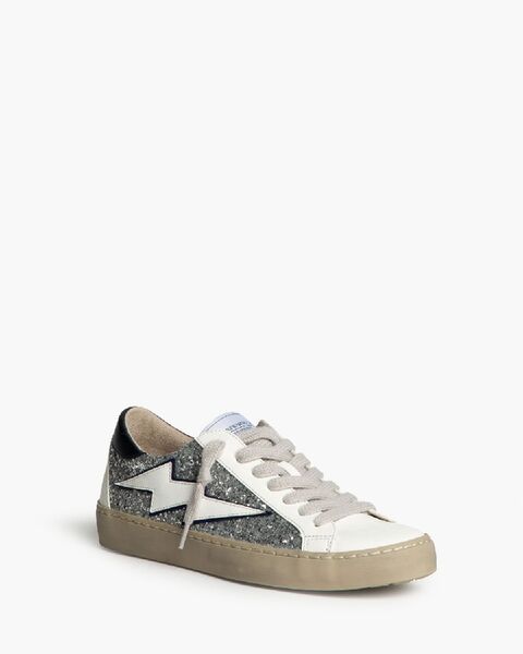 Silver Glitter Low-Top Sneakers with Lightning Bolt