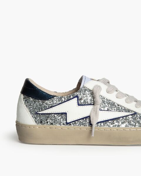 Silver Glitter Low-Top Sneakers with Lightning Bolt