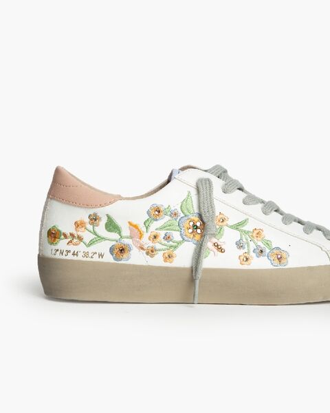 White Floral Embroidered Sneakers with Lace-Up Closure