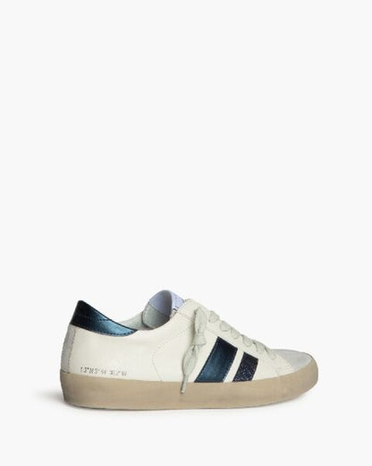 White Leather Sneakers with Blue Stripes