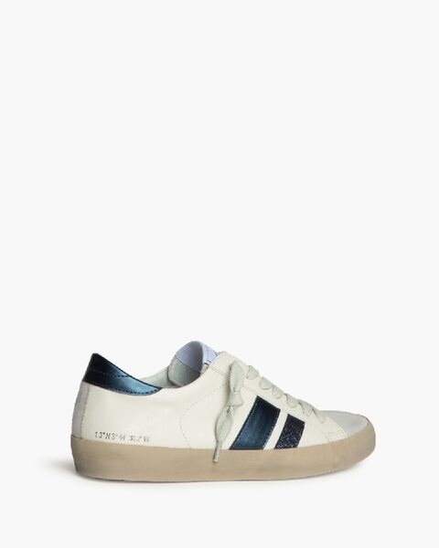 White Leather Sneakers with Blue Stripes