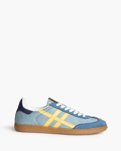 Blue Suede Sneakers with Yellow Stripes