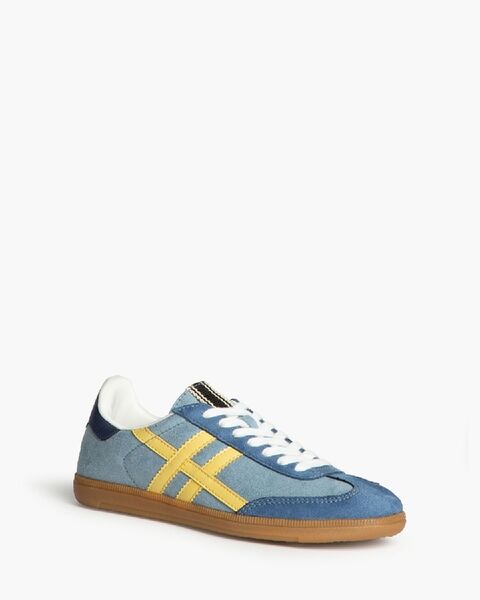 Blue Suede Sneakers with Yellow Stripes