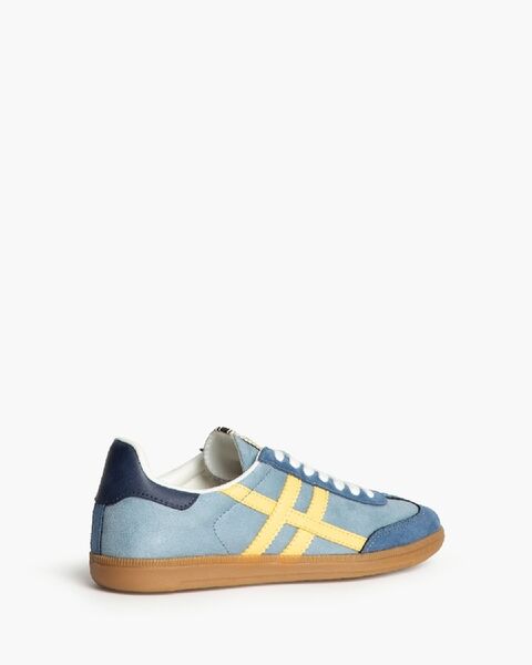Blue Suede Sneakers with Yellow Stripes