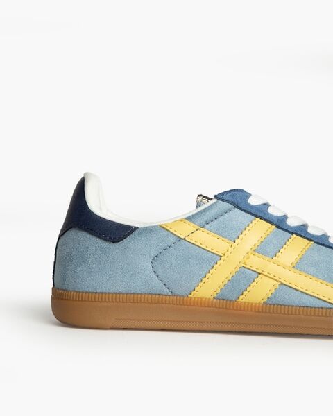 Blue Suede Sneakers with Yellow Stripes