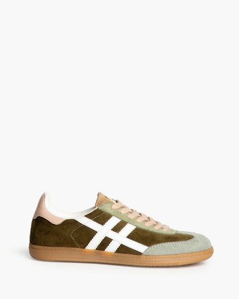 Olive Suede Low-Top Sneakers with White Stripes