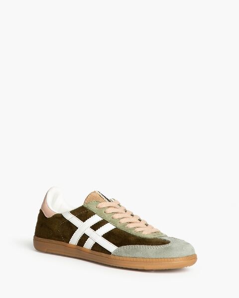 Olive Suede Low-Top Sneakers with White Stripes