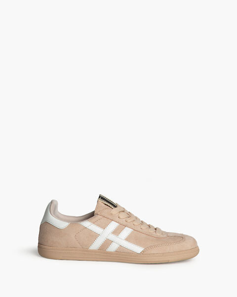 Beige Suede Low-Top Sneakers with White Accents