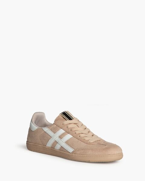 Beige Suede Low-Top Sneakers with White Accents