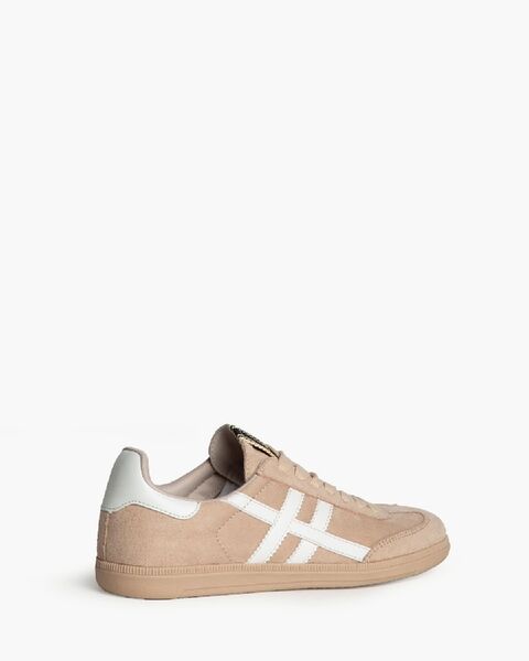 Beige Suede Low-Top Sneakers with White Accents