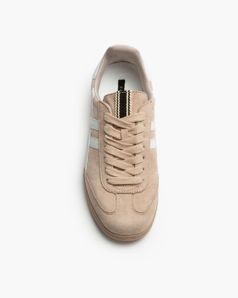 Beige Suede Low-Top Sneakers with White Accents