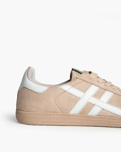 Beige Suede Low-Top Sneakers with White Accents