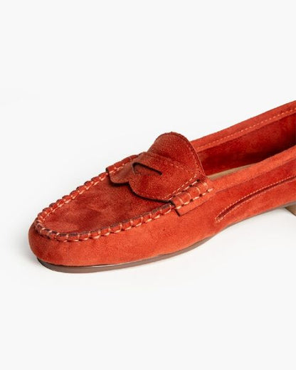 Rust Suede Loafers with Moccasin Stitching