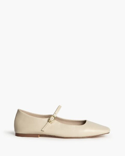 Beige Leather Flat Mary Jane Shoe with Strap