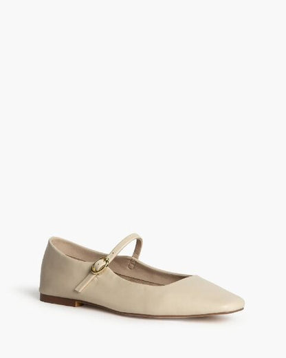 Beige Leather Flat Mary Jane Shoe with Strap
