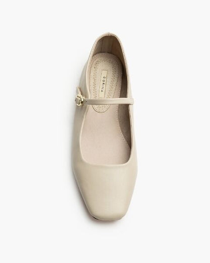 Beige Leather Flat Mary Jane Shoe with Strap