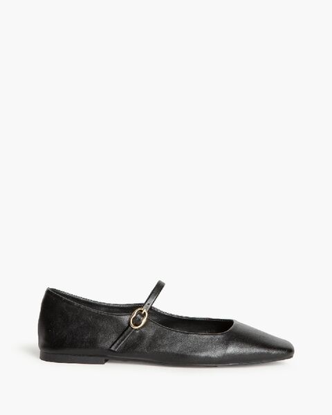 Black Faux Leather Mary Jane Flats with Buckle Strap