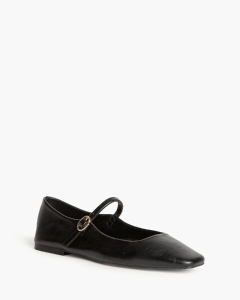 Black Faux Leather Mary Jane Flats with Buckle Strap