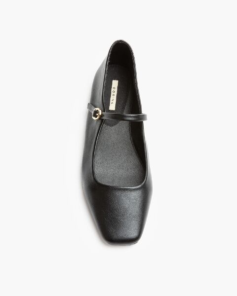 Black Faux Leather Mary Jane Flats with Buckle Strap