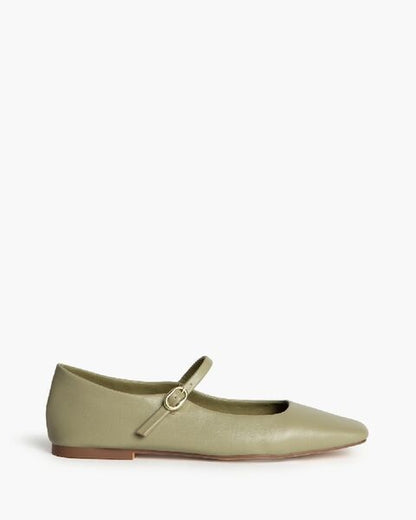 Olive Green Leather Mary Jane Flats with Buckle