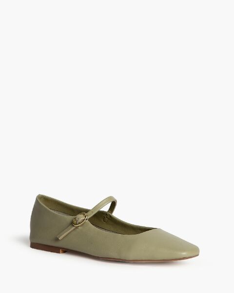 Olive Green Leather Mary Jane Flats with Buckle