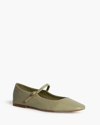 Olive Green Leather Mary Jane Flats with Buckle