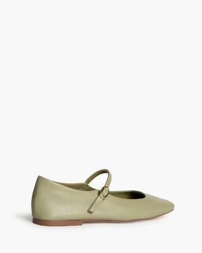 Olive Green Leather Mary Jane Flats with Buckle
