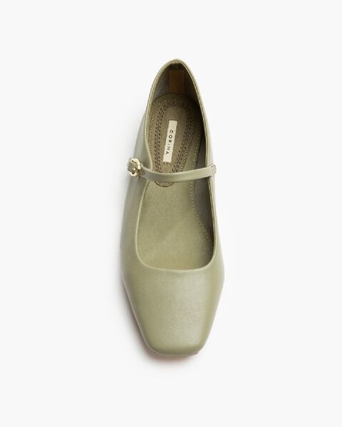 Olive Green Leather Mary Jane Flats with Buckle