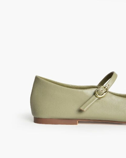 Olive Green Leather Mary Jane Flats with Buckle