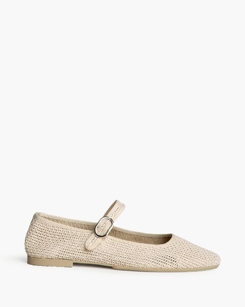 Beige Textured Mary Jane Ballet Flats with Buckle