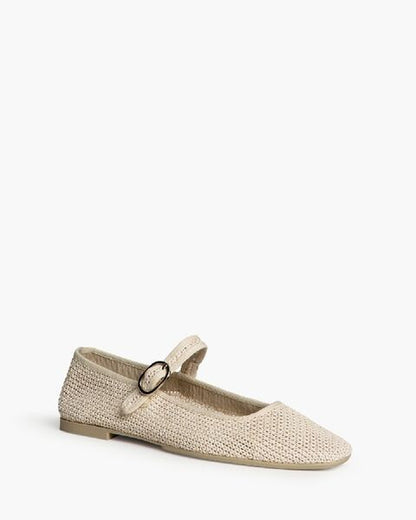 Beige Textured Mary Jane Ballet Flats with Buckle