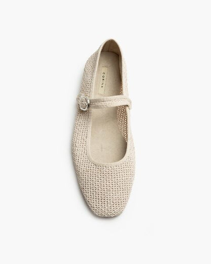Beige Textured Mary Jane Ballet Flats with Buckle