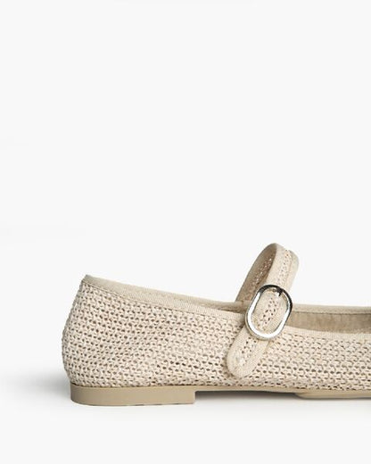 Beige Textured Mary Jane Ballet Flats with Buckle