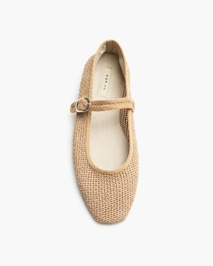 Beige Woven Flats with Buckle Detail