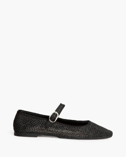 Black Textured Mary Jane Flats with Buckle Strap