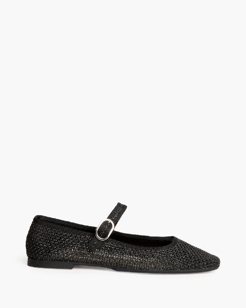 Black Textured Mary Jane Flats with Buckle Strap
