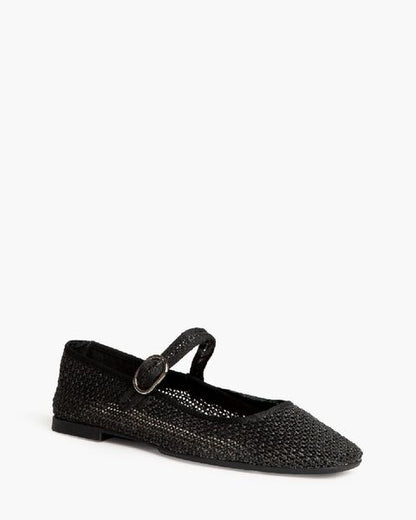 Black Textured Mary Jane Flats with Buckle Strap