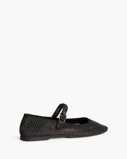 Black Textured Mary Jane Flats with Buckle Strap