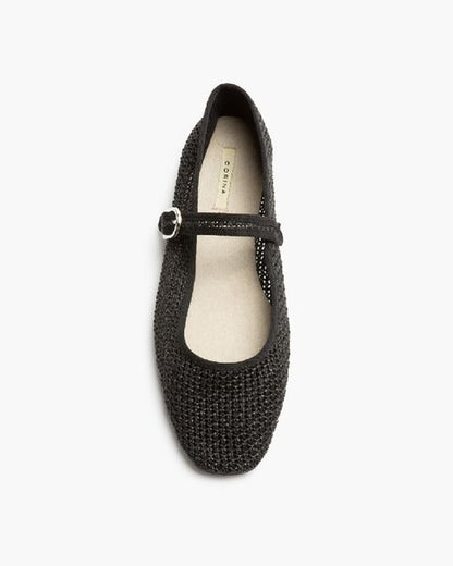 Black Textured Mary Jane Flats with Buckle Strap