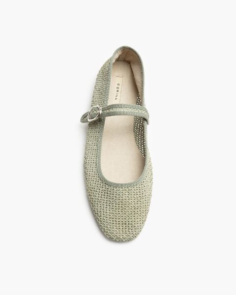 Green Woven Mary Jane Flats with Strap