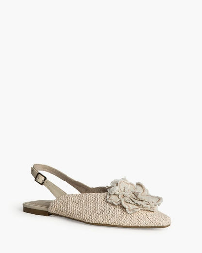 Beige Woven Slingback Flats with Floral Accent